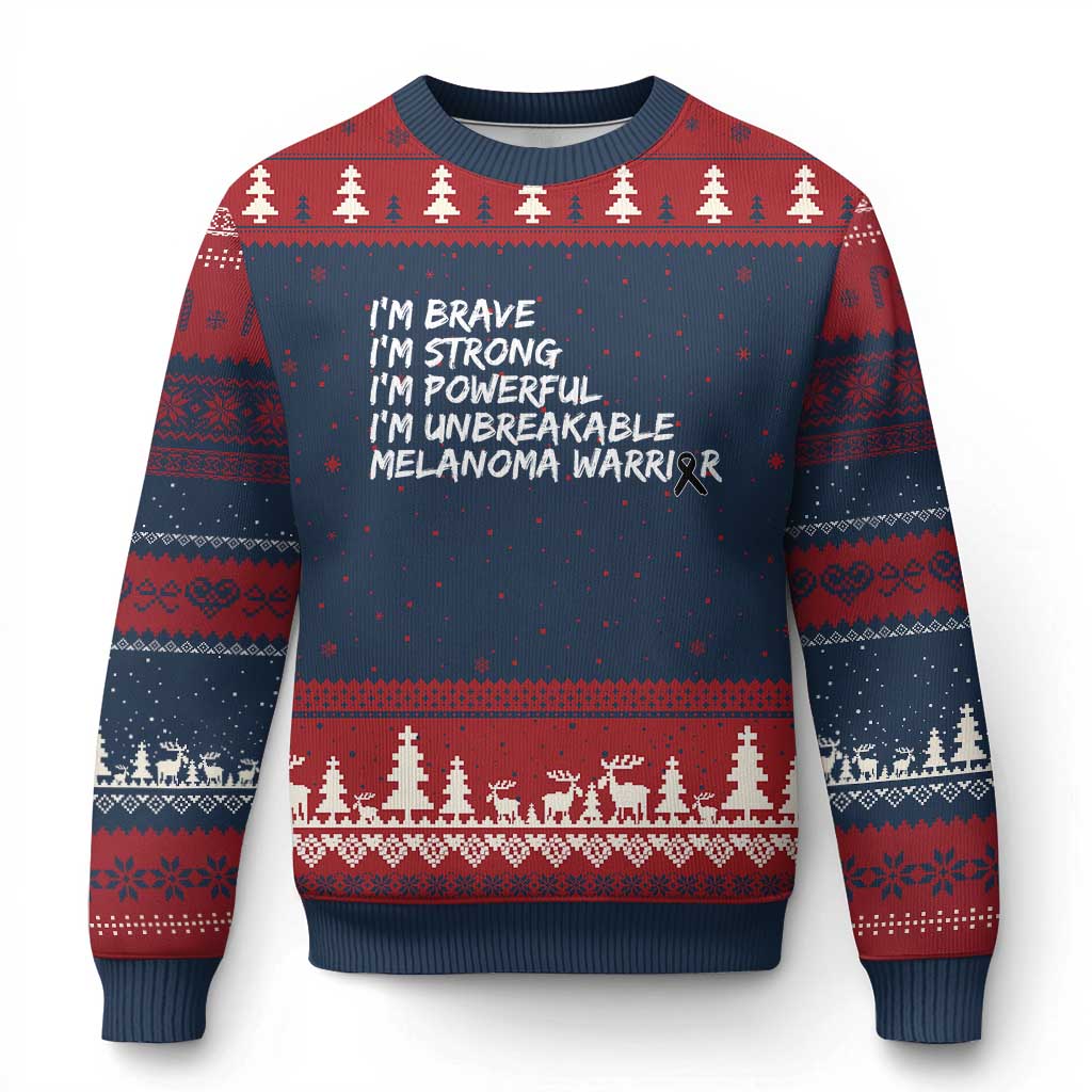 I Am Brave Strong Powerful Unbreakable Ugly Christmas Sweater Melanoma Warrior Support TS12 Navy Red Print Your Wear