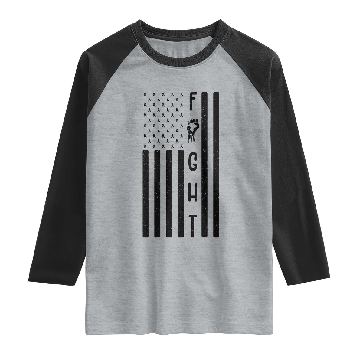 Fight Skin Cancer Melanoma Fighter USA Flag Raglan Shirt TS12 Heather Gray Black Print Your Wear