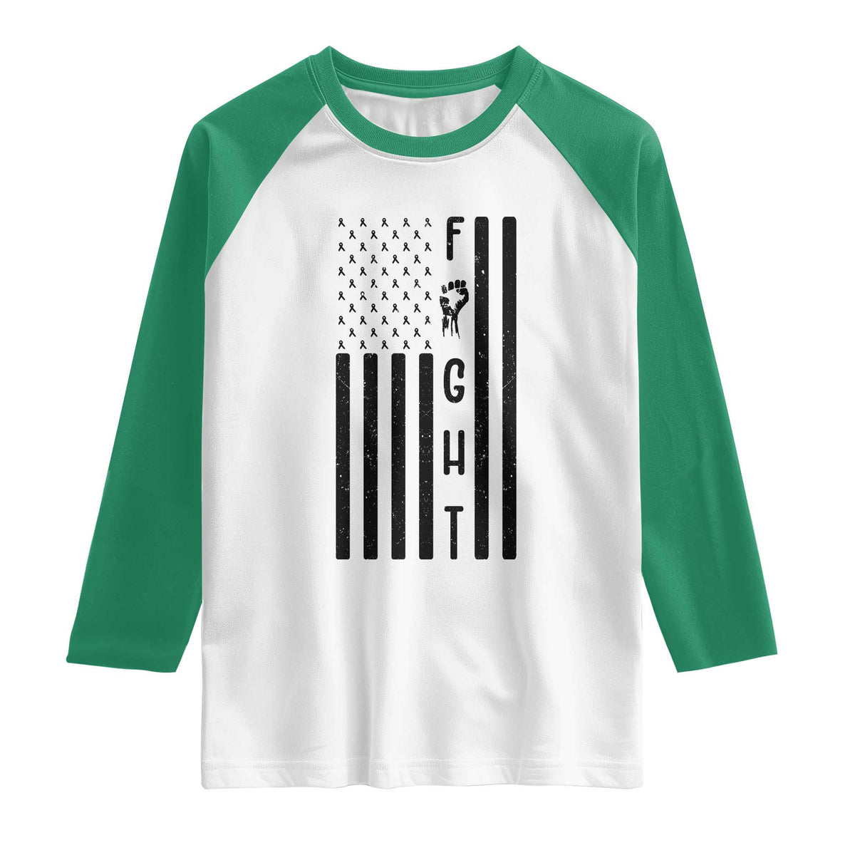 Fight Skin Cancer Melanoma Fighter USA Flag Raglan Shirt TS12 White Kelly Green Print Your Wear