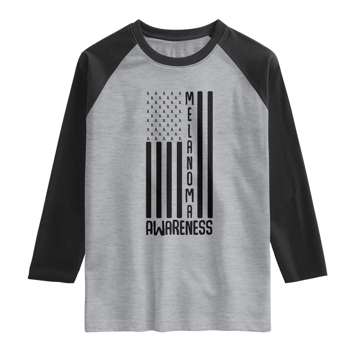 Melanoma Awareness USA Flag Raglan Shirt Patriotic Cancer Warrior TS12 Heather Gray Black Print Your Wear