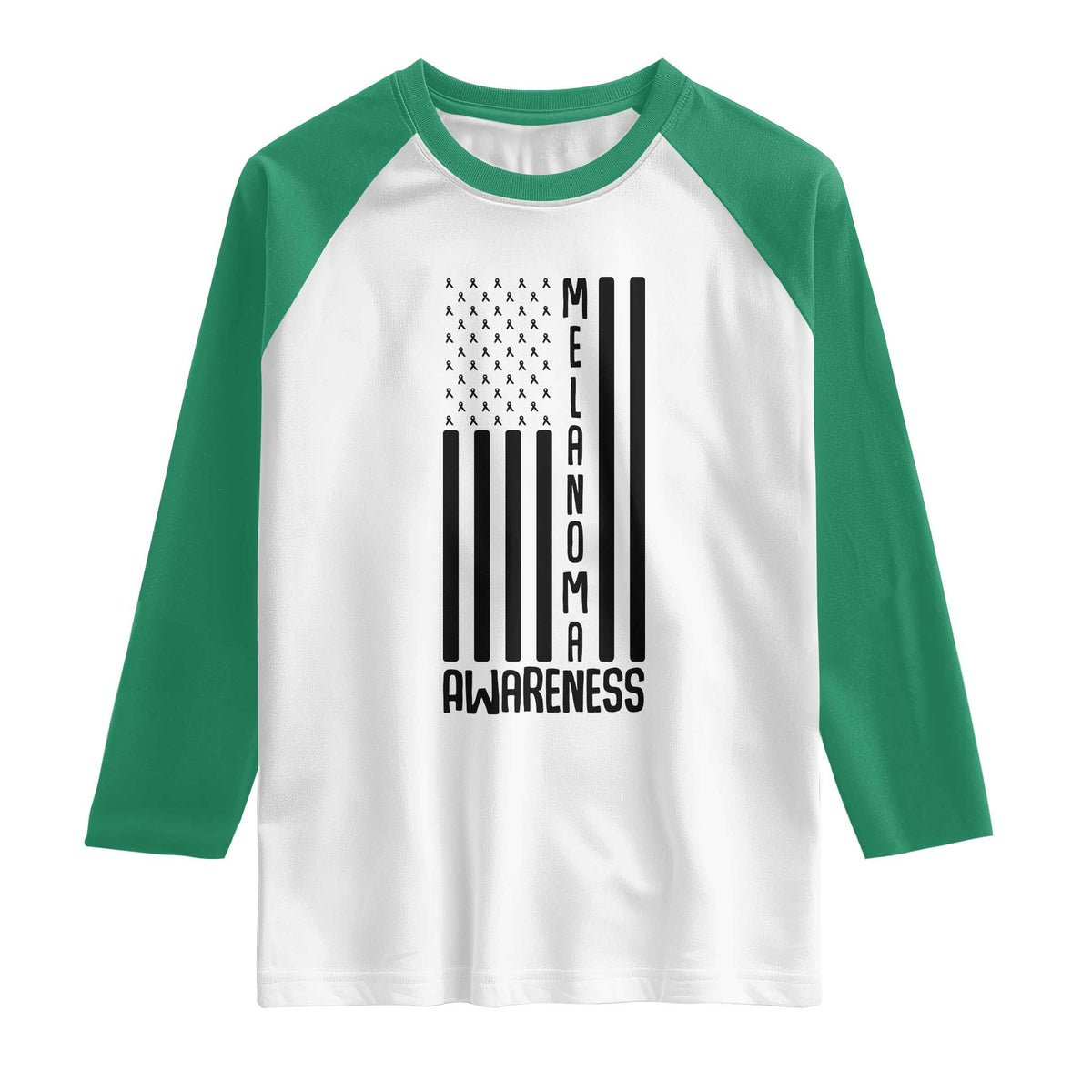 Melanoma Awareness USA Flag Raglan Shirt Patriotic Cancer Warrior TS12 White Kelly Green Print Your Wear