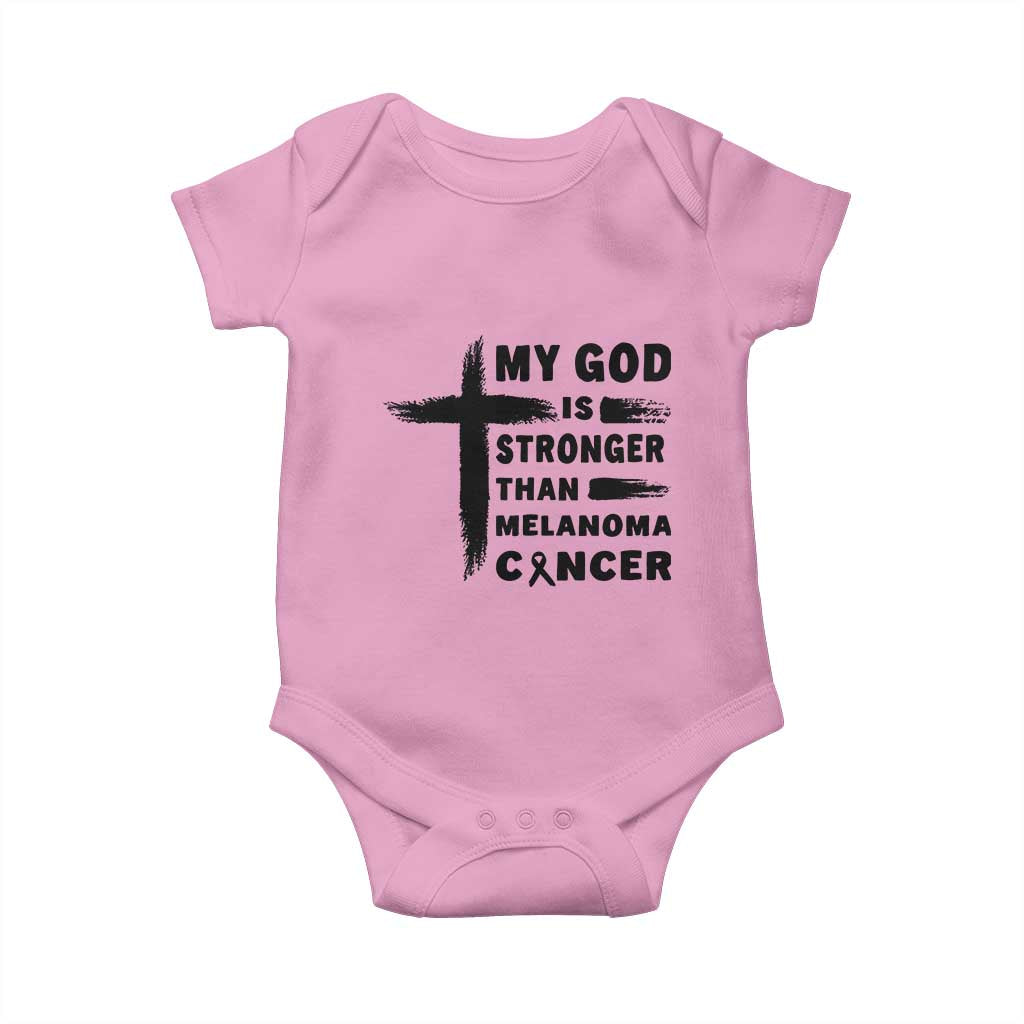 My God Is Stronger Than Melanoma Baby Onesie Christian Cancer Support TS12 Light Pink Print Your Wear
