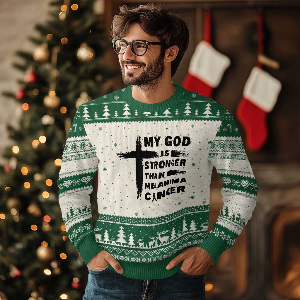 My God Is Stronger Than Melanoma Ugly Christmas Sweater Christian Cancer Support TS12 Beige Green Print Your Wear