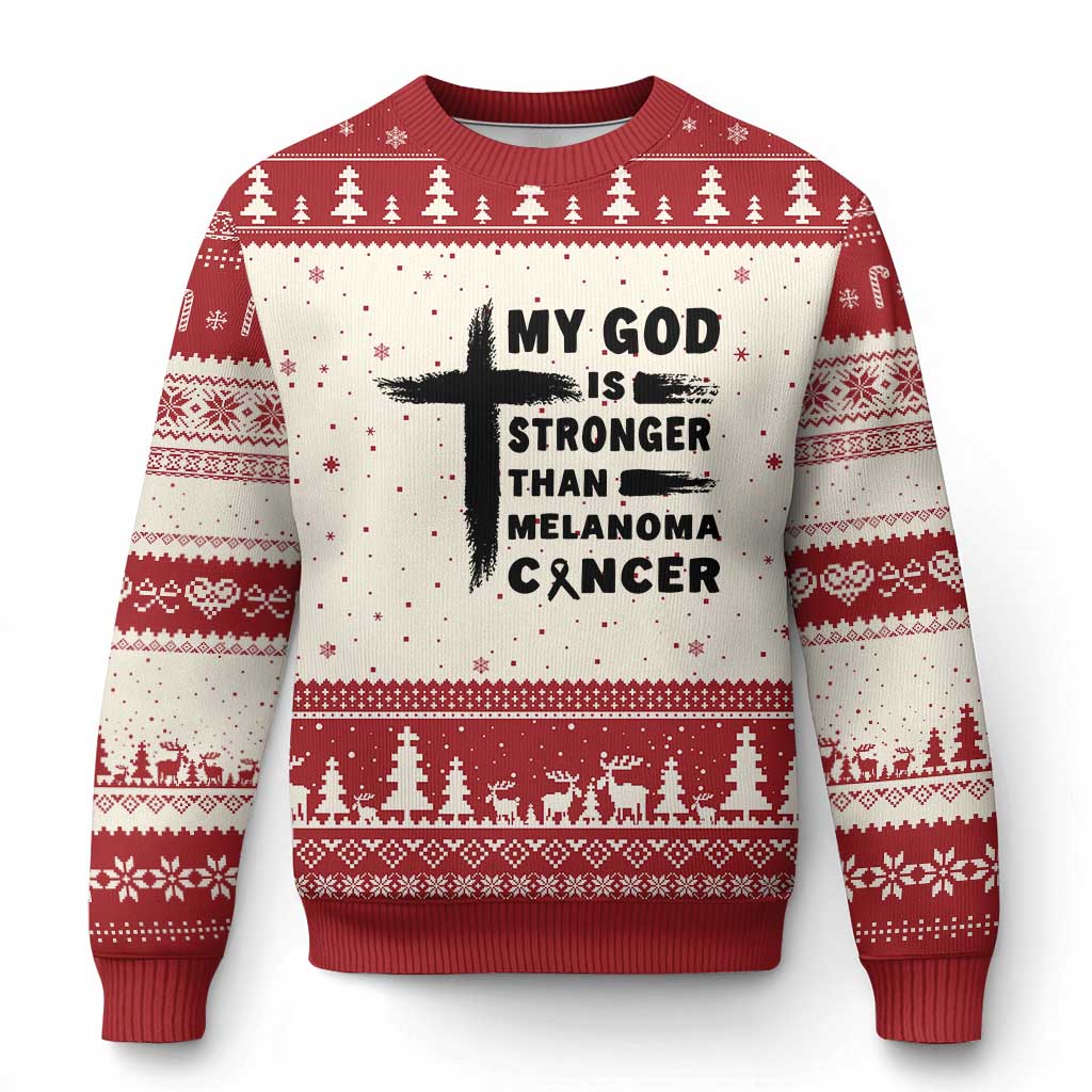 My God Is Stronger Than Melanoma Ugly Christmas Sweater Christian Cancer Support TS12 Beige Red Print Your Wear