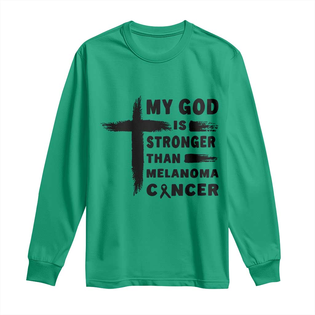 My God Is Stronger Than Melanoma Long Sleeve Shirt Christian Cancer Support TS12 Irish Green Print Your Wear