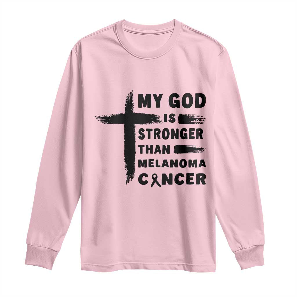 My God Is Stronger Than Melanoma Long Sleeve Shirt Christian Cancer Support TS12 Light Pink Print Your Wear