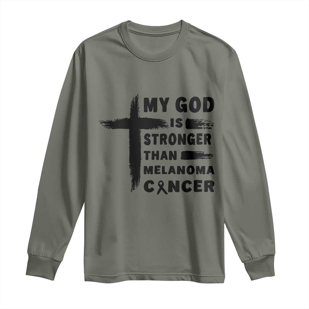 My God Is Stronger Than Melanoma Long Sleeve Shirt Christian Cancer Support TS12 Military Green Print Your Wear