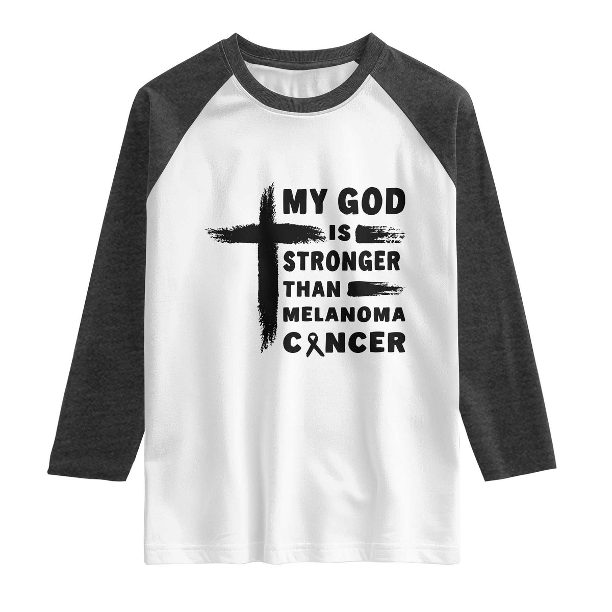 My God Is Stronger Than Melanoma Raglan Shirt Christian Cancer Support TS12 White Heather Charcoal Print Your Wear