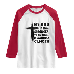 My God Is Stronger Than Melanoma Raglan Shirt Christian Cancer Support TS12 White Red Print Your Wear