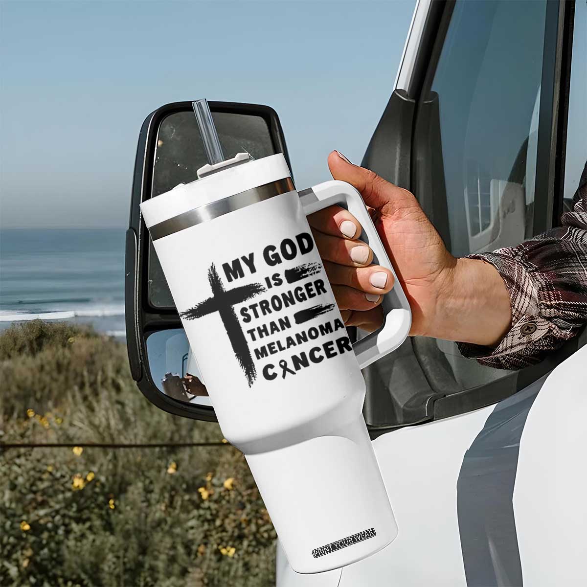 My God Is Stronger Than Melanoma Tumbler With Handle Christian Cancer Support TS12 Print Your Wear