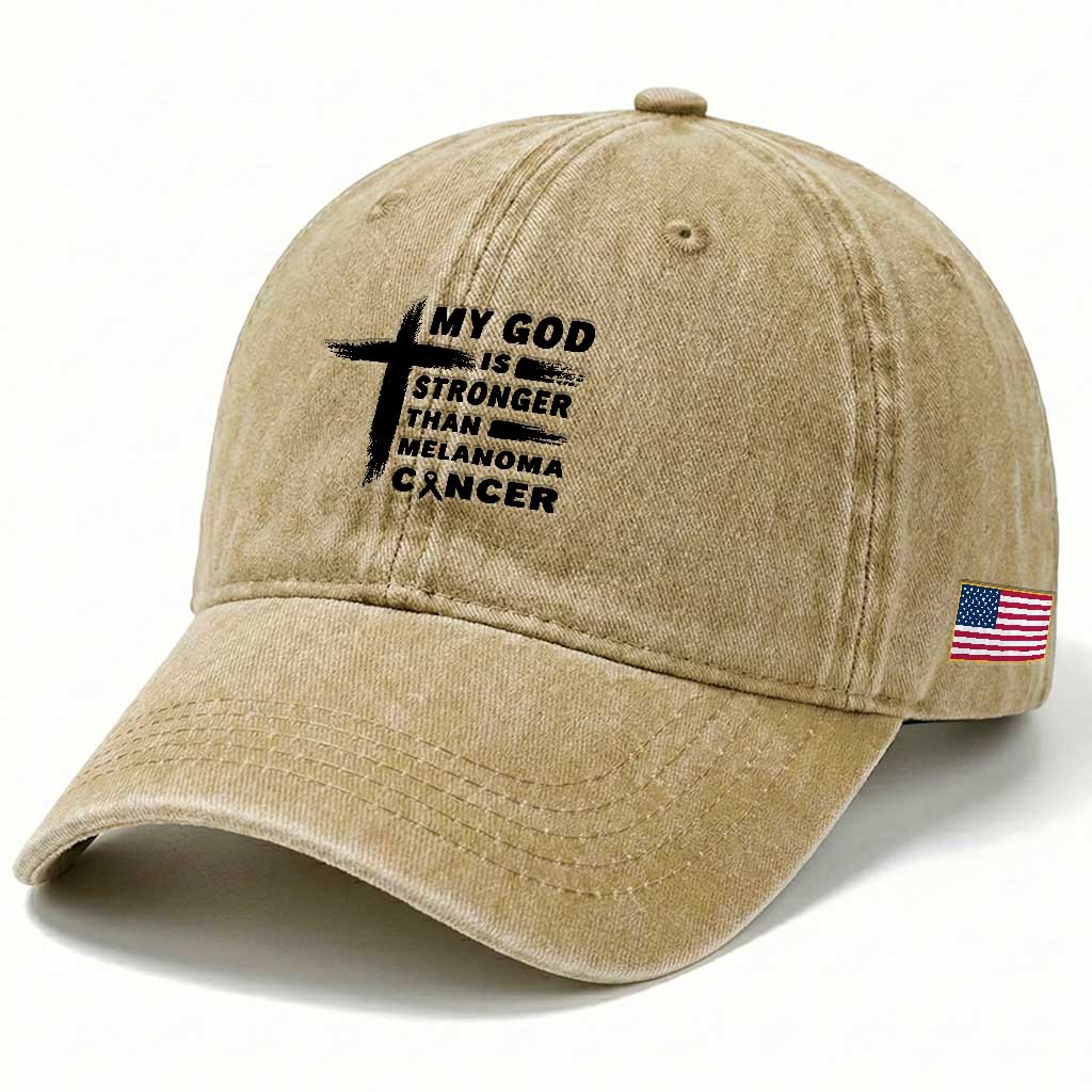 My God Is Stronger Than Melanoma Washed Cotton Baseball Cap Christian Cancer Support TS12 Print Your Wear