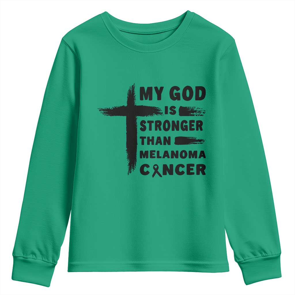 My God Is Stronger Than Melanoma Youth Sweatshirt Christian Cancer Support TS12 Irish Green Print Your Wear