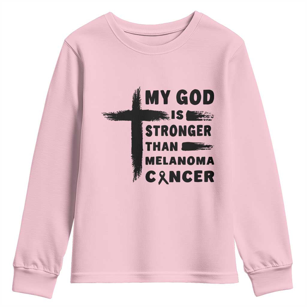 My God Is Stronger Than Melanoma Youth Sweatshirt Christian Cancer Support TS12 Light Pink Print Your Wear