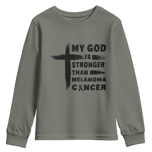 My God Is Stronger Than Melanoma Youth Sweatshirt Christian Cancer Support TS12 Military Green Print Your Wear