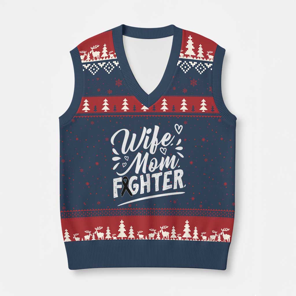 Wife Mom Melanoma Fighter V-Neck Knit Sweater Vest Family Support Strong And Fearless TS12 Navy Red Print Your Wear