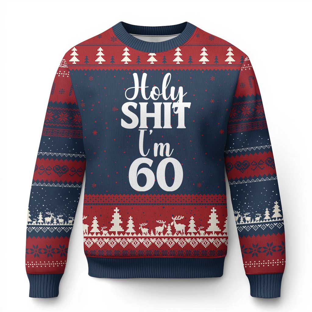 Personalized 60th Birthday Party Ugly Christmas Sweater Custom Number Bday Holy Shit I Am 60 TS12 Navy Red Print Your Wear