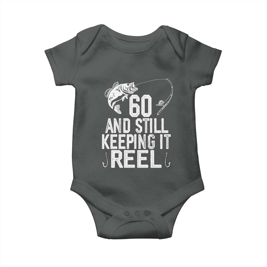 Personalized 60th Birthday Fishing Baby Onesie Custom Number Bday Still Keeping It Reel TS12 Dark Heather Print Your Wear