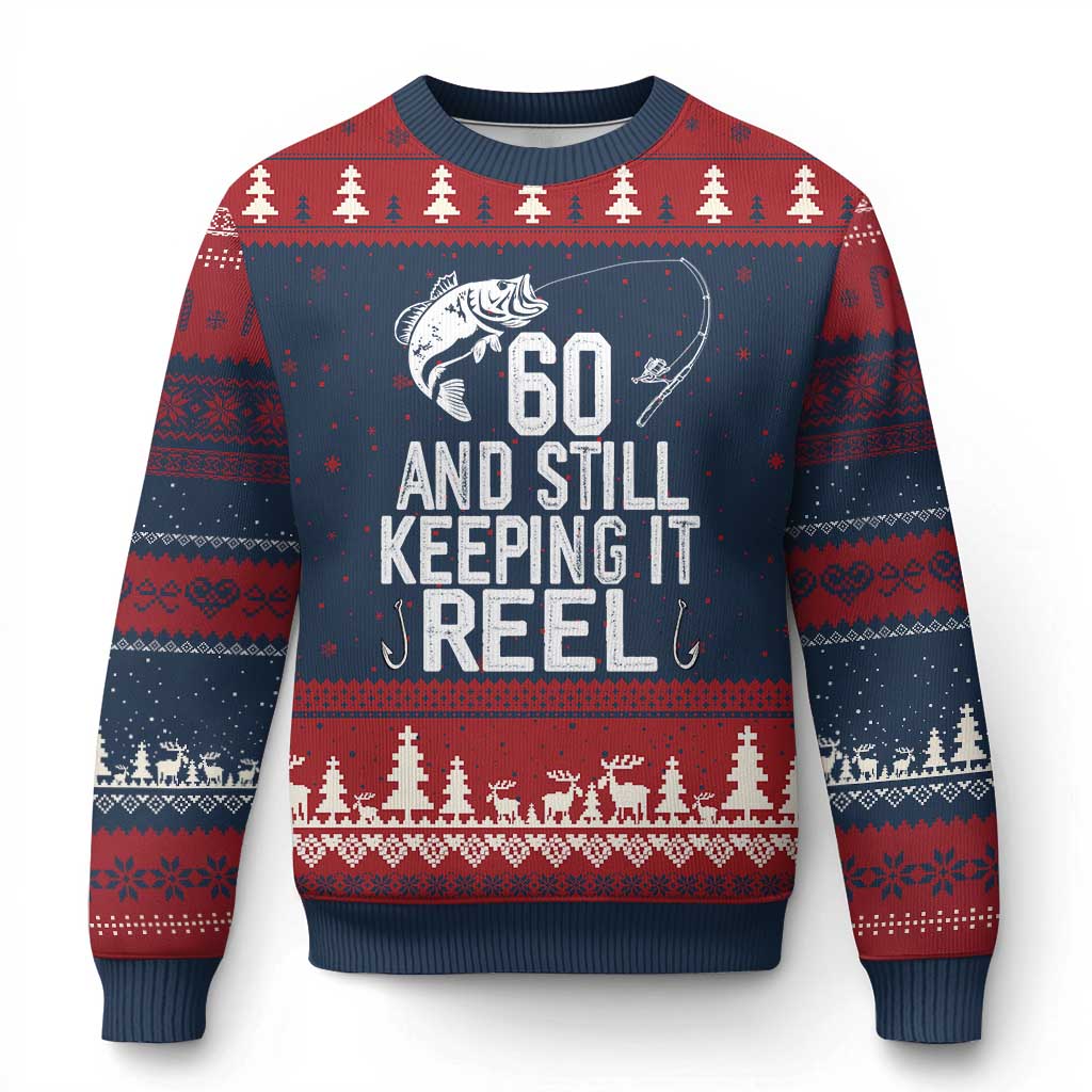 Personalized 60th Birthday Fishing Ugly Christmas Sweater Custom Number Bday Still Keeping It Reel TS12 Navy Red Print Your Wear