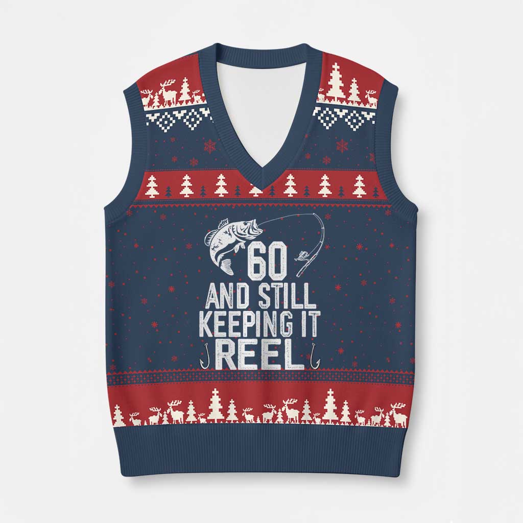 Personalized 60th Birthday Fishing V-Neck Knit Sweater Vest Custom Number Bday Still Keeping It Reel TS12 Navy Red Print Your Wear