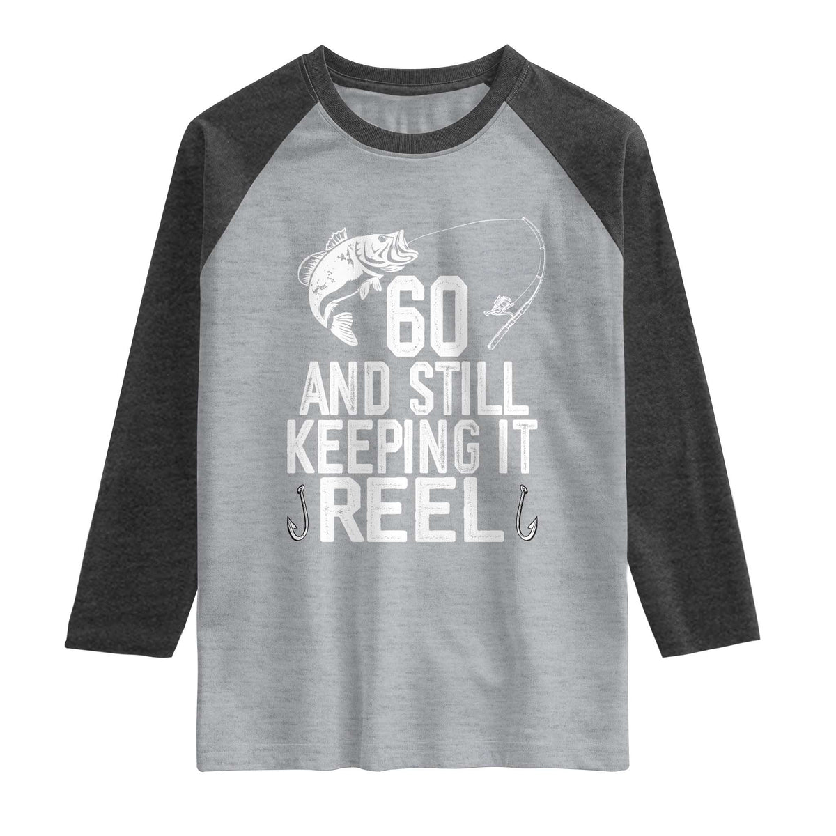 Personalized 60th Birthday Fishing Raglan Shirt Custom Number Bday Still Keeping It Reel TS12 Heather Gray Heather Charcoal Print Your Wear