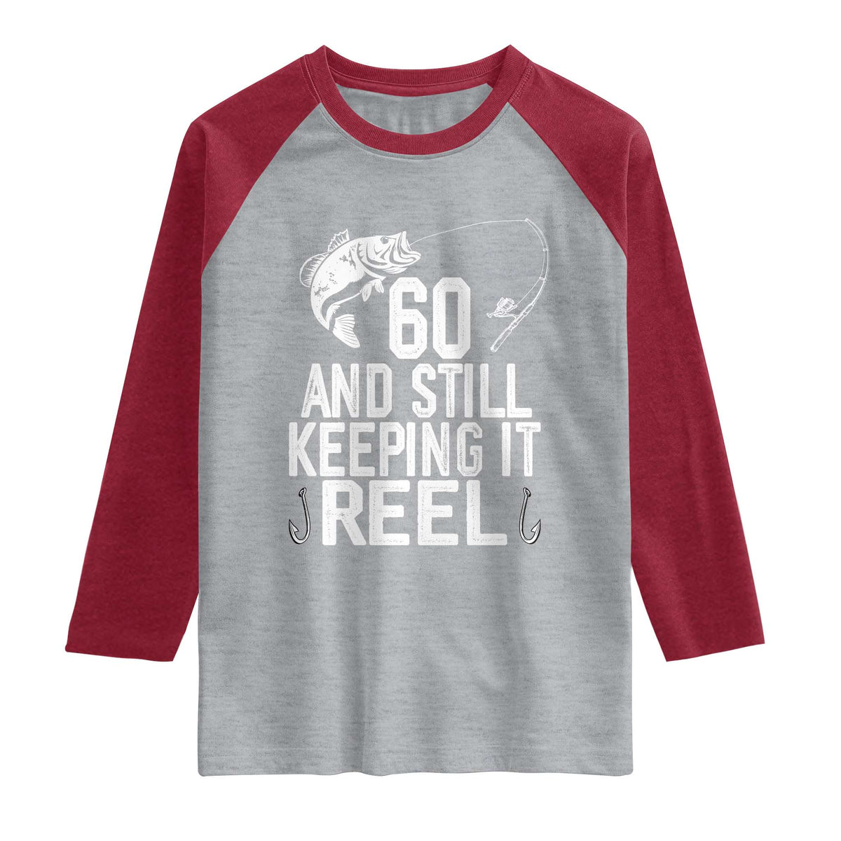 Personalized 60th Birthday Fishing Raglan Shirt Custom Number Bday Still Keeping It Reel TS12 Heather Gray Heather Red Print Your Wear