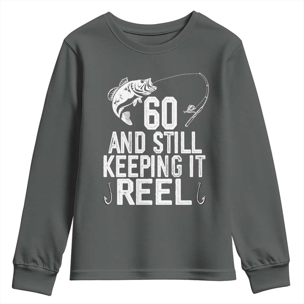 Personalized 60th Birthday Fishing Youth Sweatshirt Custom Number Bday Still Keeping It Reel TS12 Dark Heather Print Your Wear