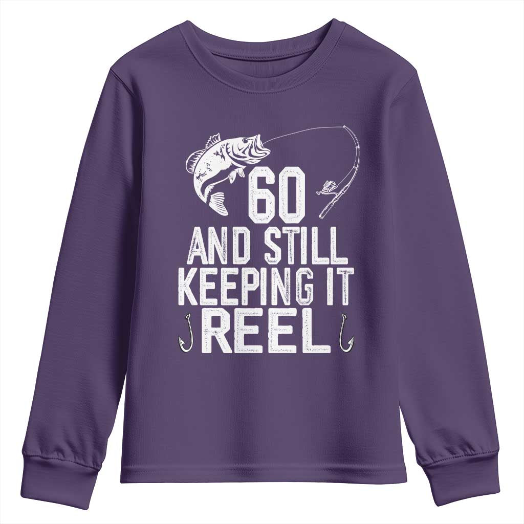 Personalized 60th Birthday Fishing Youth Sweatshirt Custom Number Bday Still Keeping It Reel TS12 Purple Print Your Wear