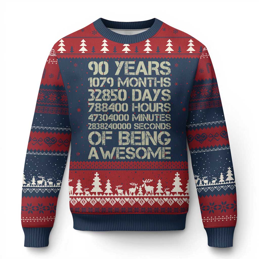 90 Years Of Being Awesome Ugly Christmas Sweater 90th Birthday Gift Idea TS12 Navy Red Print Your Wear