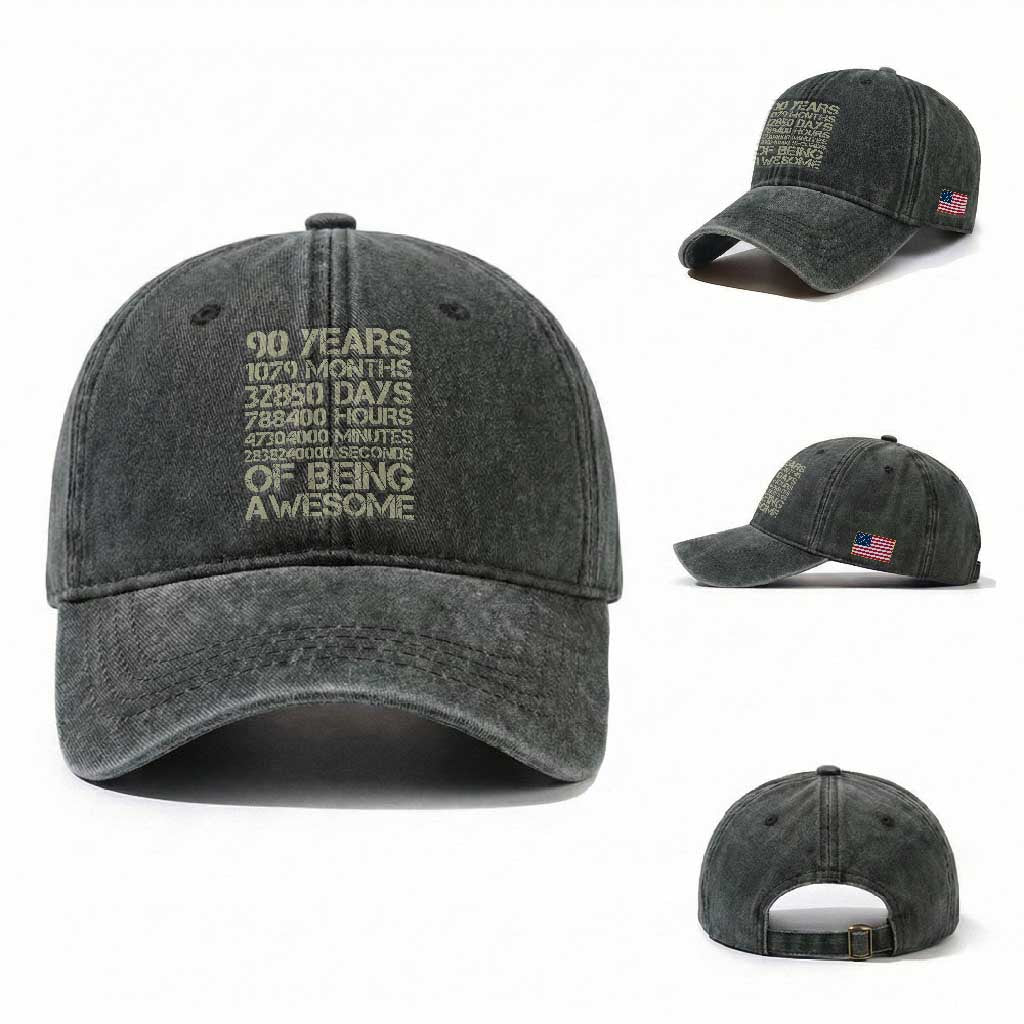 90 Years Of Being Awesome Washed Cotton Baseball Cap 90th Birthday Gift Idea TS12 Washed Cap Universal Fit Dark Green Print Your Wear