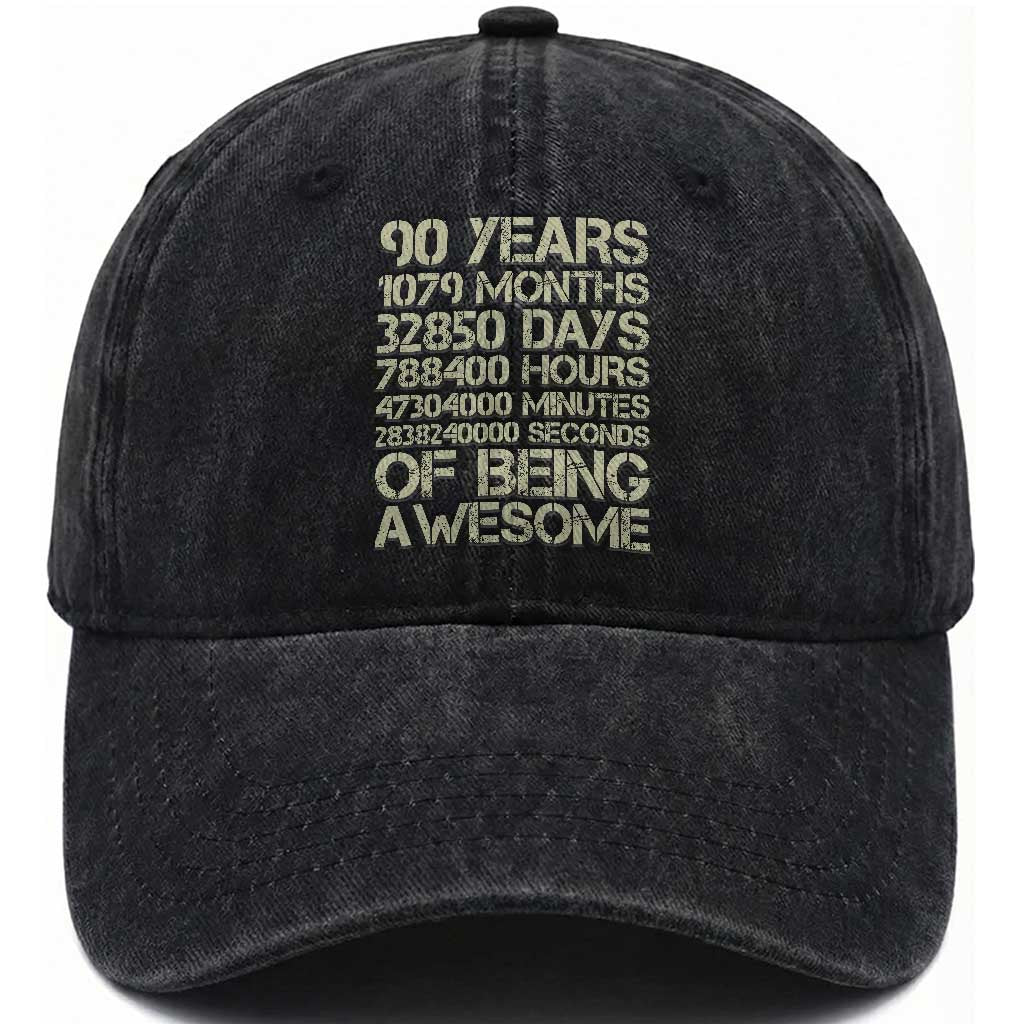 90 Years Of Being Awesome Washed Cotton Baseball Cap 90th Birthday Gift Idea TS12 Print Your Wear