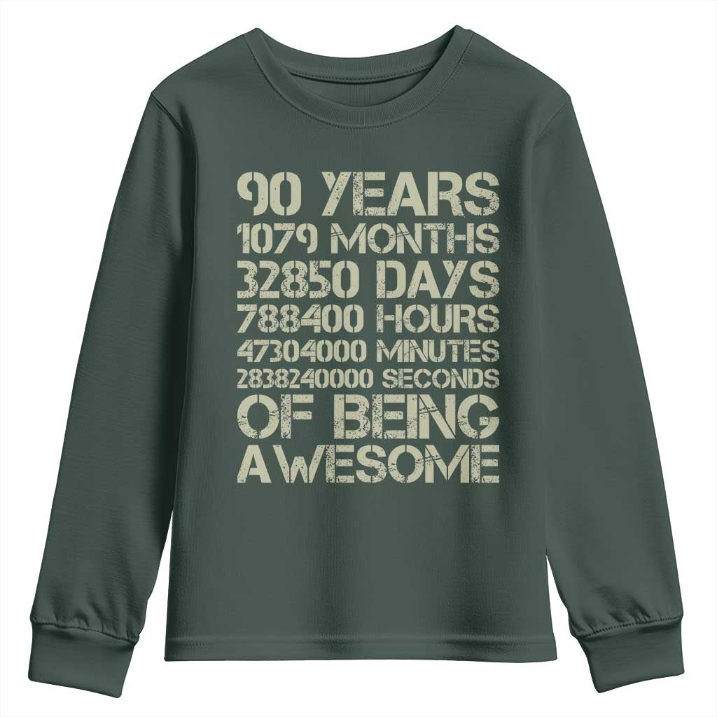 90 Years Of Being Awesome Youth Sweatshirt 90th Birthday Gift Idea TS12 Dark Forest Green Print Your Wear