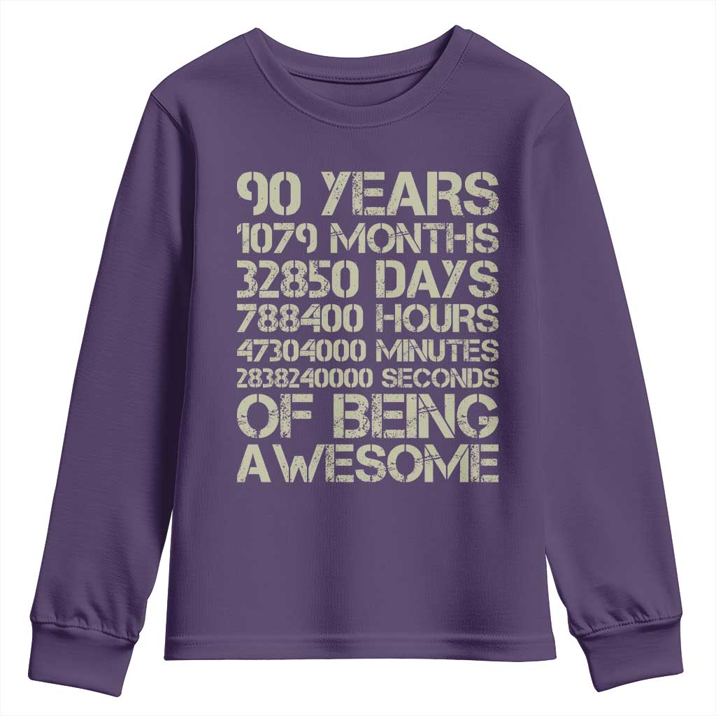 90 Years Of Being Awesome Youth Sweatshirt 90th Birthday Gift Idea TS12 Purple Print Your Wear
