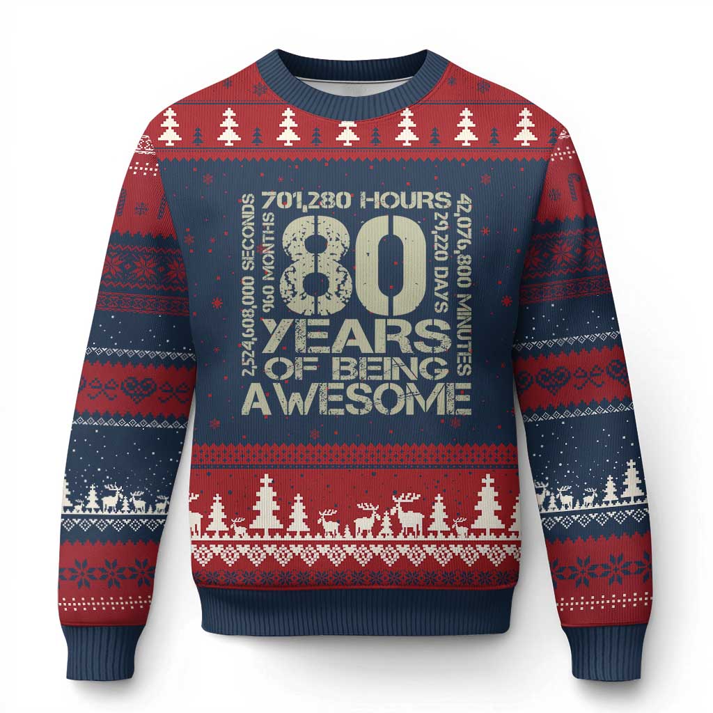 80th Milestone Birthday Ugly Christmas Sweater 80 Years Of Being Awesome TS12 Navy Red Print Your Wear