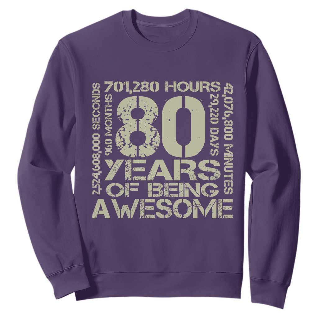 80th Milestone Birthday Sweatshirt 80 Years Of Being Awesome TS12 Purple Print Your Wear