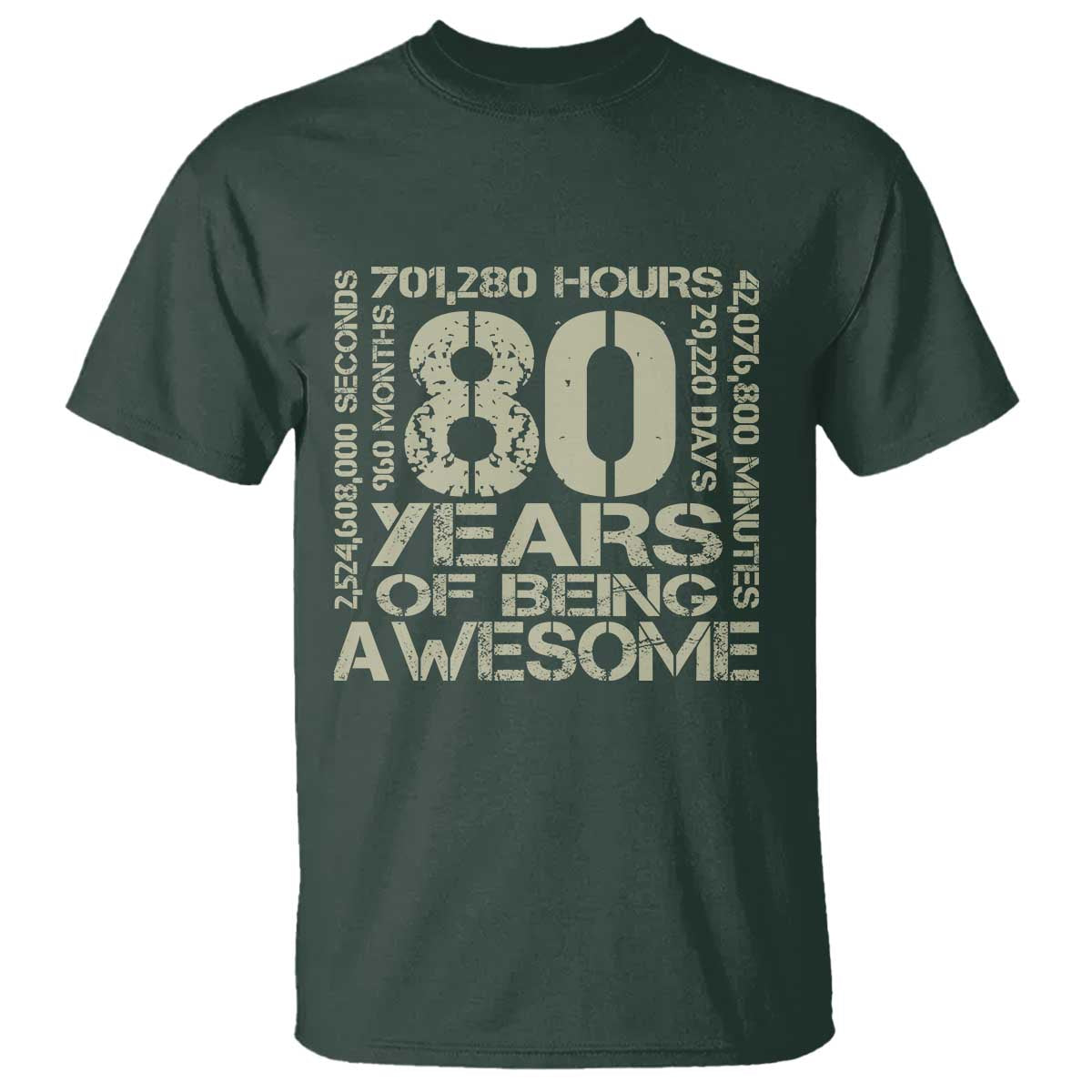 80th Milestone Birthday T Shirt 80 Years Of Being Awesome TS12 Dark Forest Green Print Your Wear