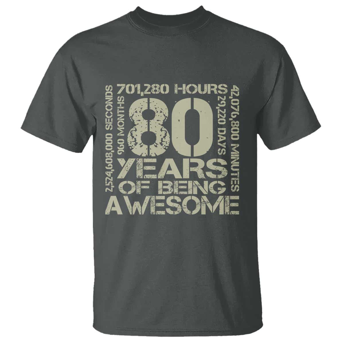 80th Milestone Birthday T Shirt 80 Years Of Being Awesome TS12 Dark Heather Print Your Wear