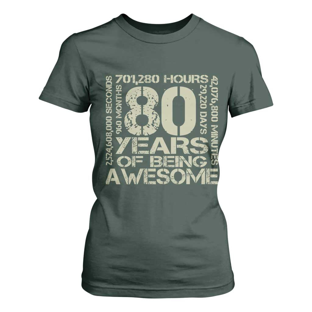 80th Milestone Birthday T Shirt For Women 80 Years Of Being Awesome TS12 Dark Forest Green Print Your Wear
