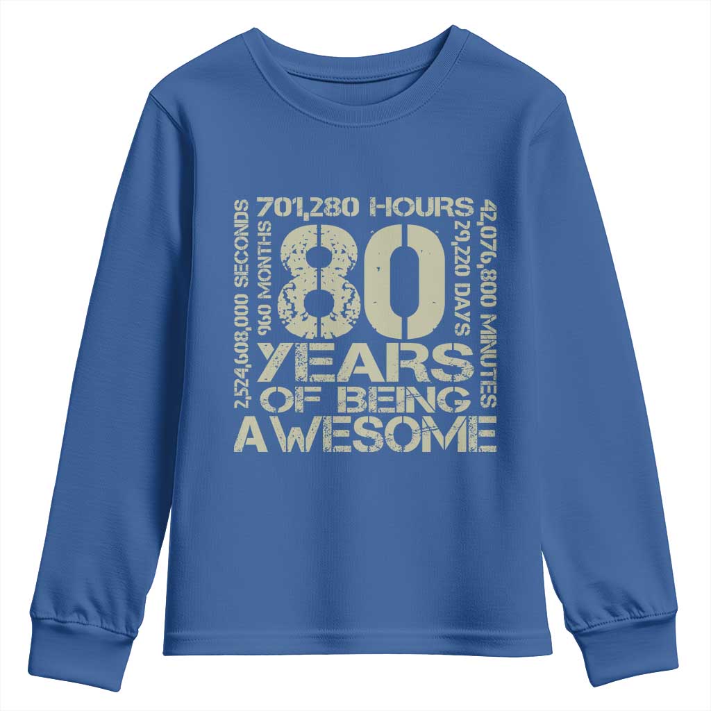 80th Milestone Birthday Youth Sweatshirt 80 Years Of Being Awesome TS12 Royal Blue Print Your Wear