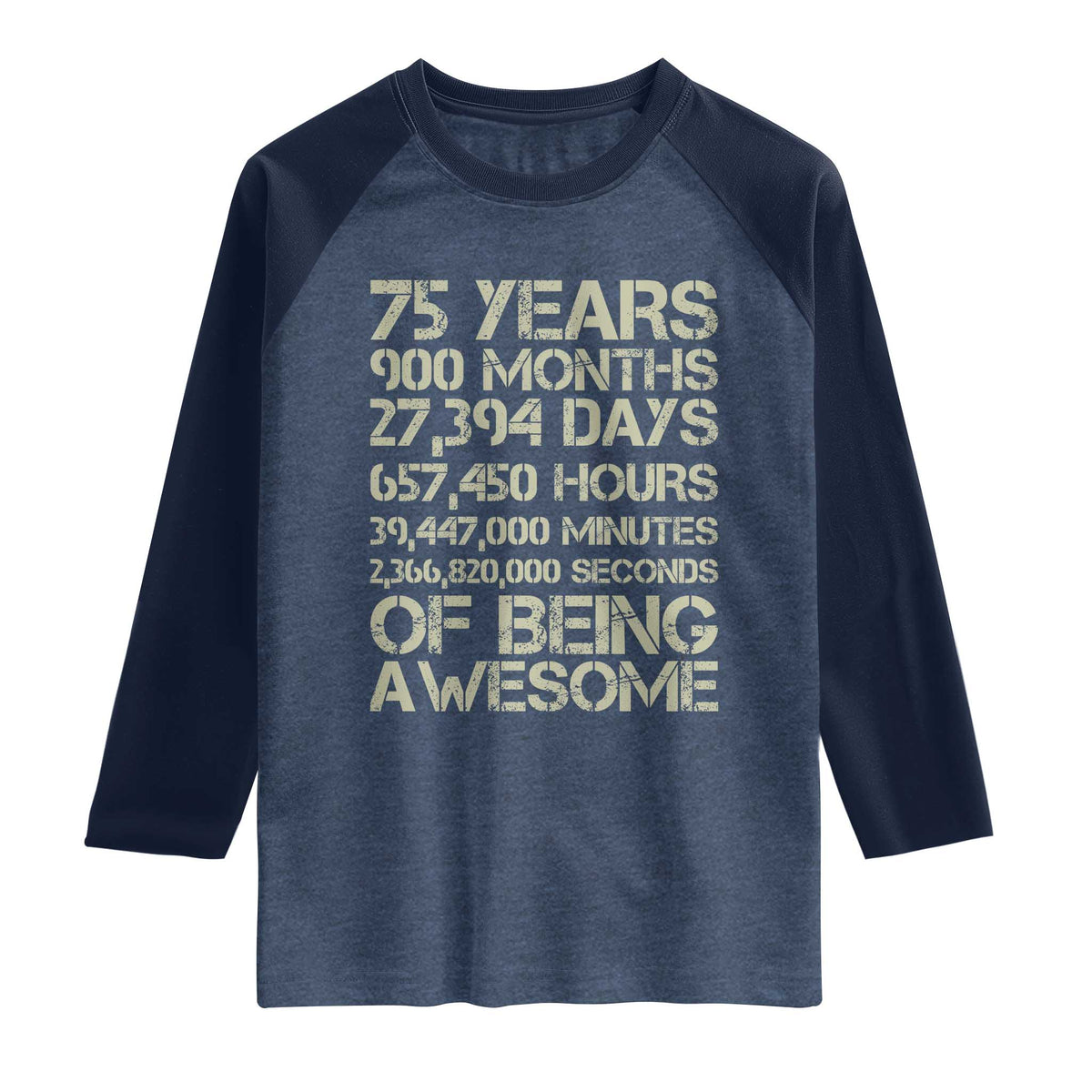 Vintage 75th Milestone Birthday Raglan Shirt 75 Years Of Being Awesome TS12 Heather Denim Navy Print Your Wear
