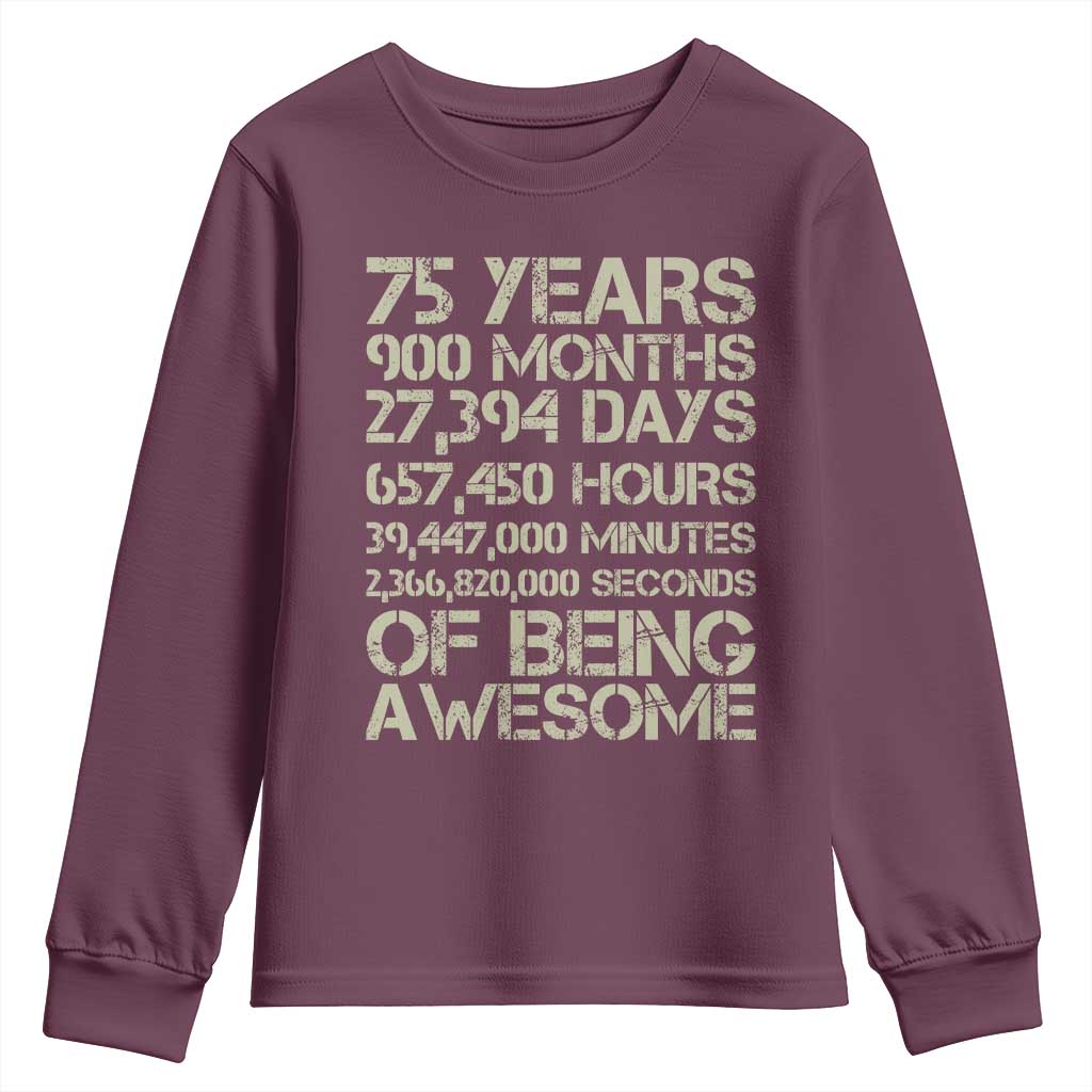 Vintage 75th Milestone Birthday Youth Sweatshirt 75 Years Of Being Awesome TS12 Maroon Print Your Wear