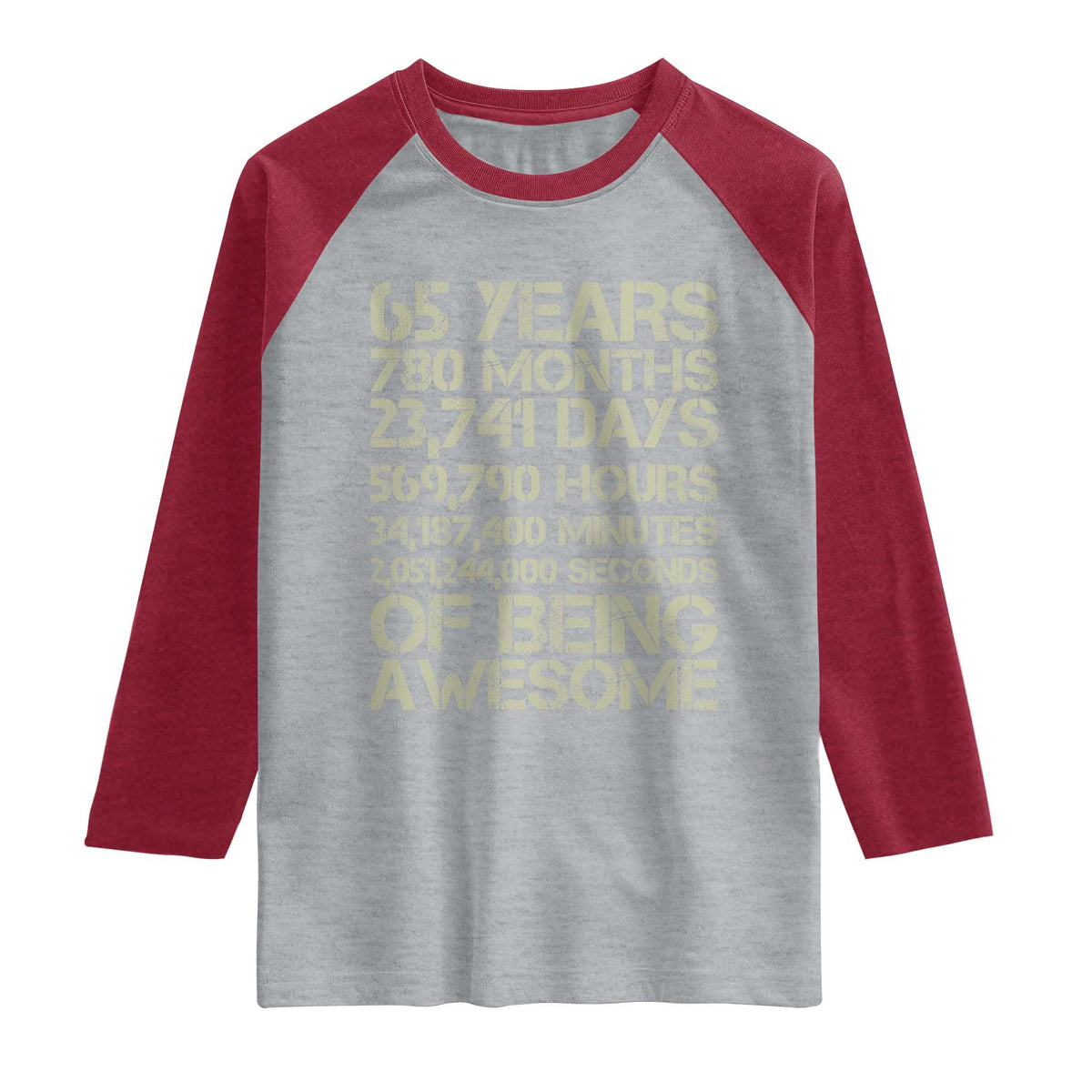 65th Milestone Birthday Gift Raglan Shirt 65 Years Of Being Awesome TS12 Heather Gray Heather Red Print Your Wear
