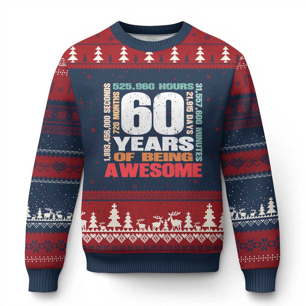 Retro 60 Years Of Being Awesome Ugly Christmas Sweater 60th Birthday Gift Idea TS12 Navy Red Print Your Wear