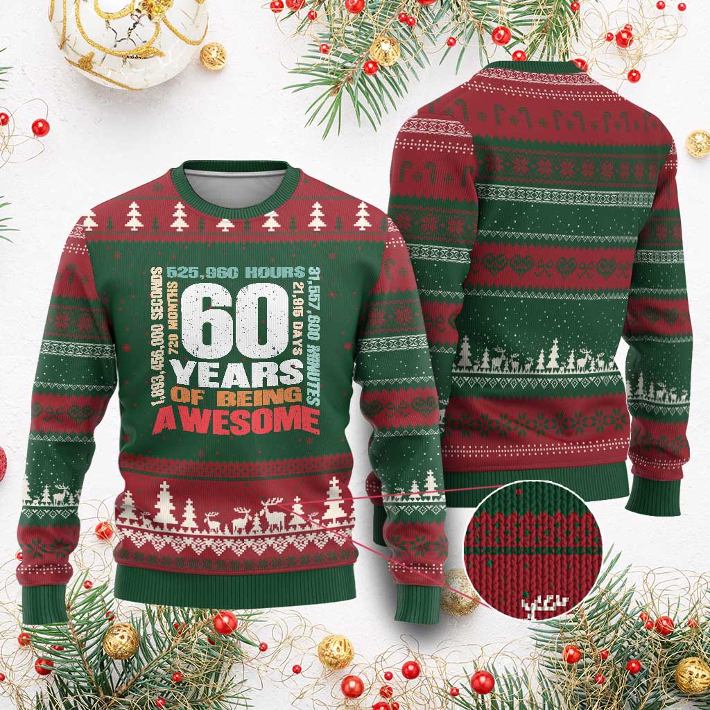 Retro 60 Years Of Being Awesome Ugly Christmas Sweater 60th Birthday Gift Idea TS12 Red Green Print Your Wear