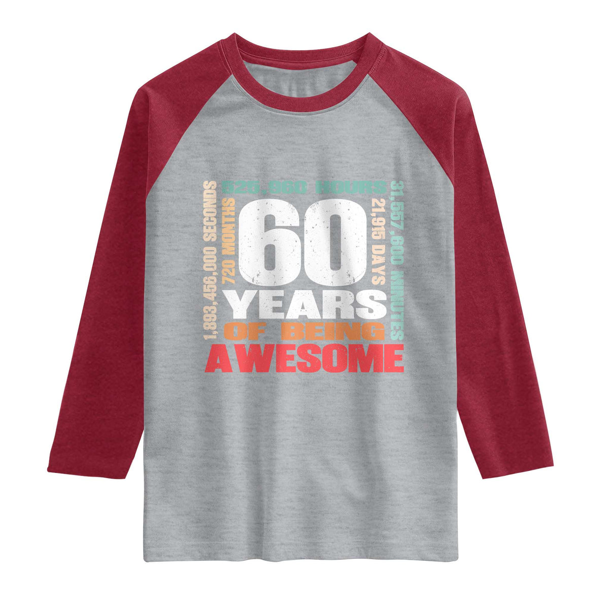 Retro 60 Years Of Being Awesome Raglan Shirt 60th Birthday Gift Idea TS12 Heather Gray Heather Red Print Your Wear