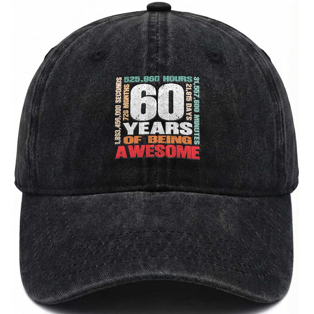 Retro 60 Years Of Being Awesome Washed Cotton Baseball Cap 60th Birthday Gift Idea TS12 Print Your Wear