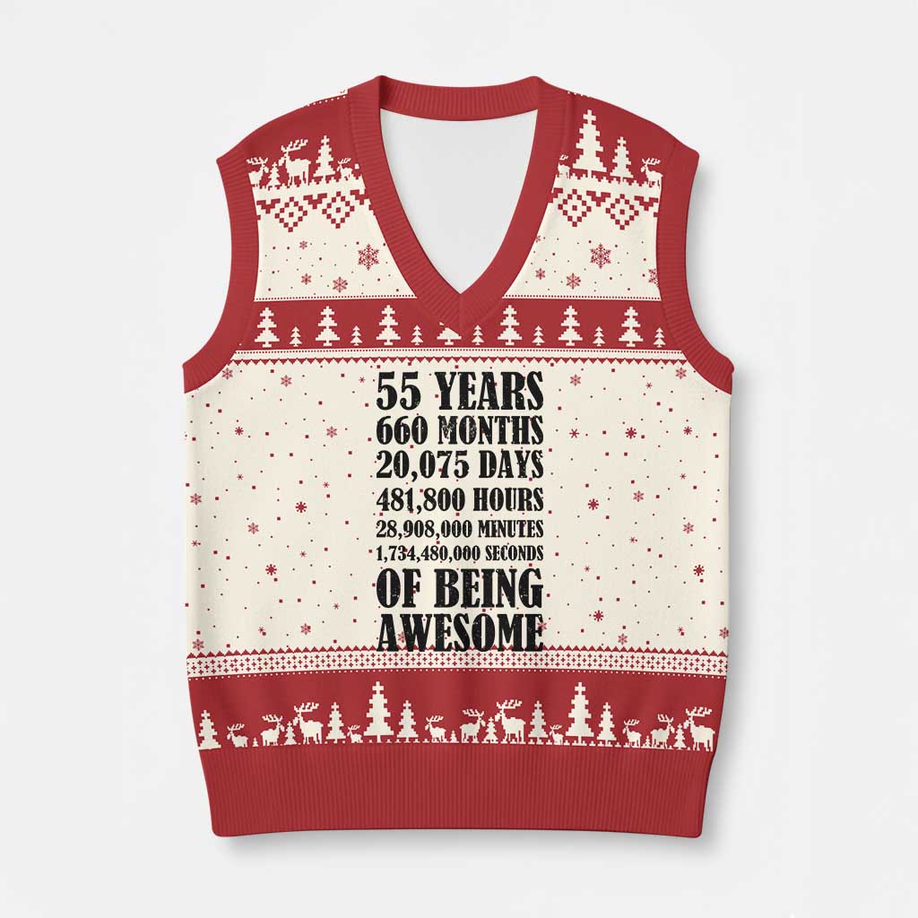 55th Milestone Birthday V-Neck Knit Sweater Vest 55 Years Of Being Awesome Graphic TS12 Beige Red Print Your Wear