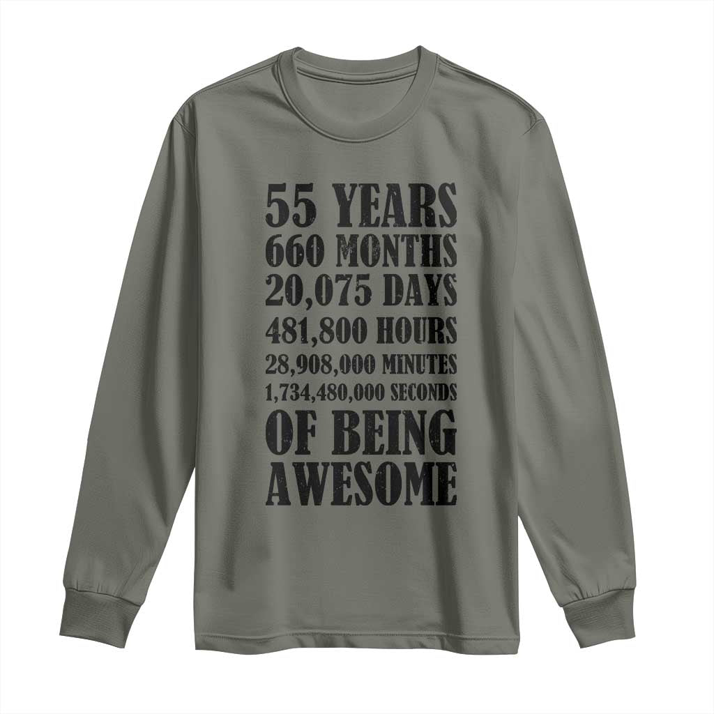 55th Milestone Birthday Long Sleeve Shirt 55 Years Of Being Awesome Graphic TS12 Military Green Print Your Wear