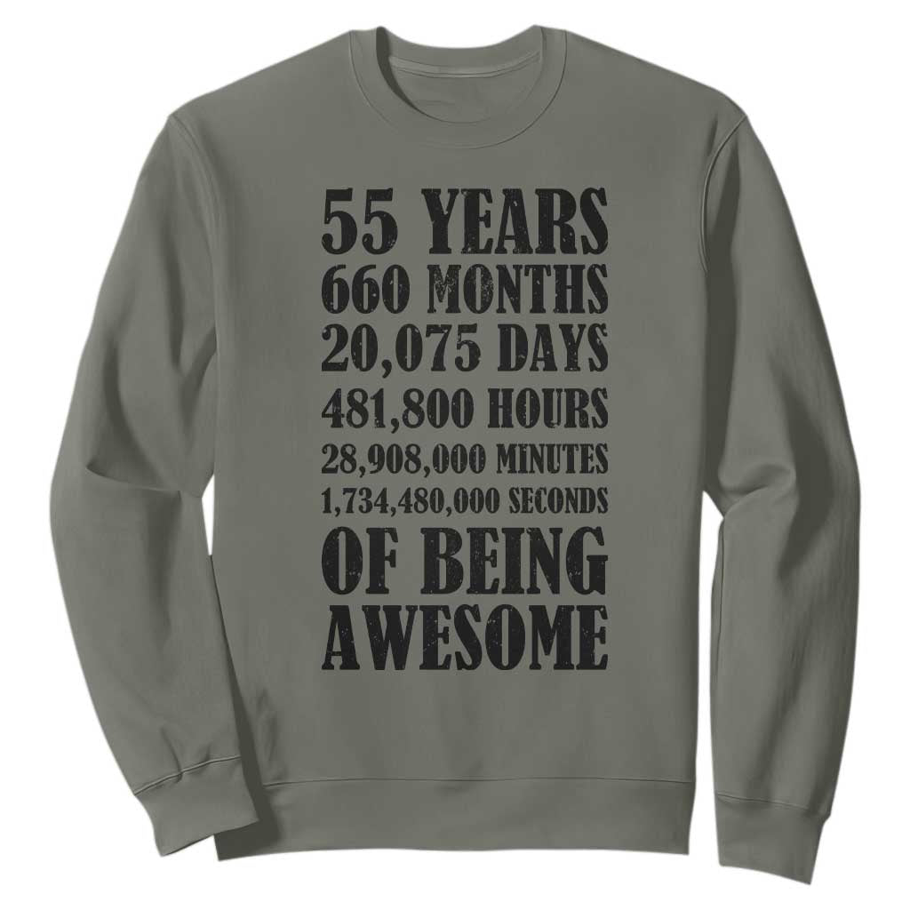 55th Milestone Birthday Sweatshirt 55 Years Of Being Awesome Graphic TS12 Military Green Print Your Wear