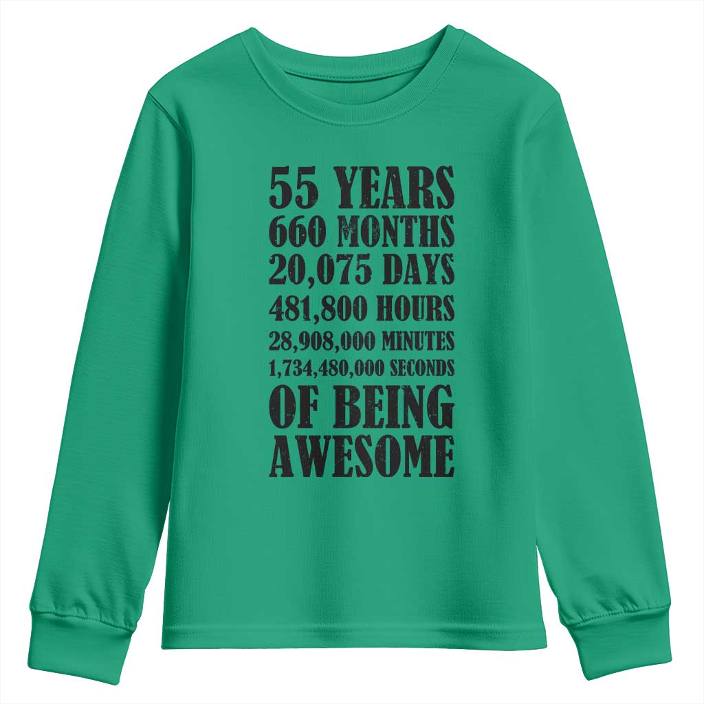 55th Milestone Birthday Youth Sweatshirt 55 Years Of Being Awesome Graphic TS12 Irish Green Print Your Wear