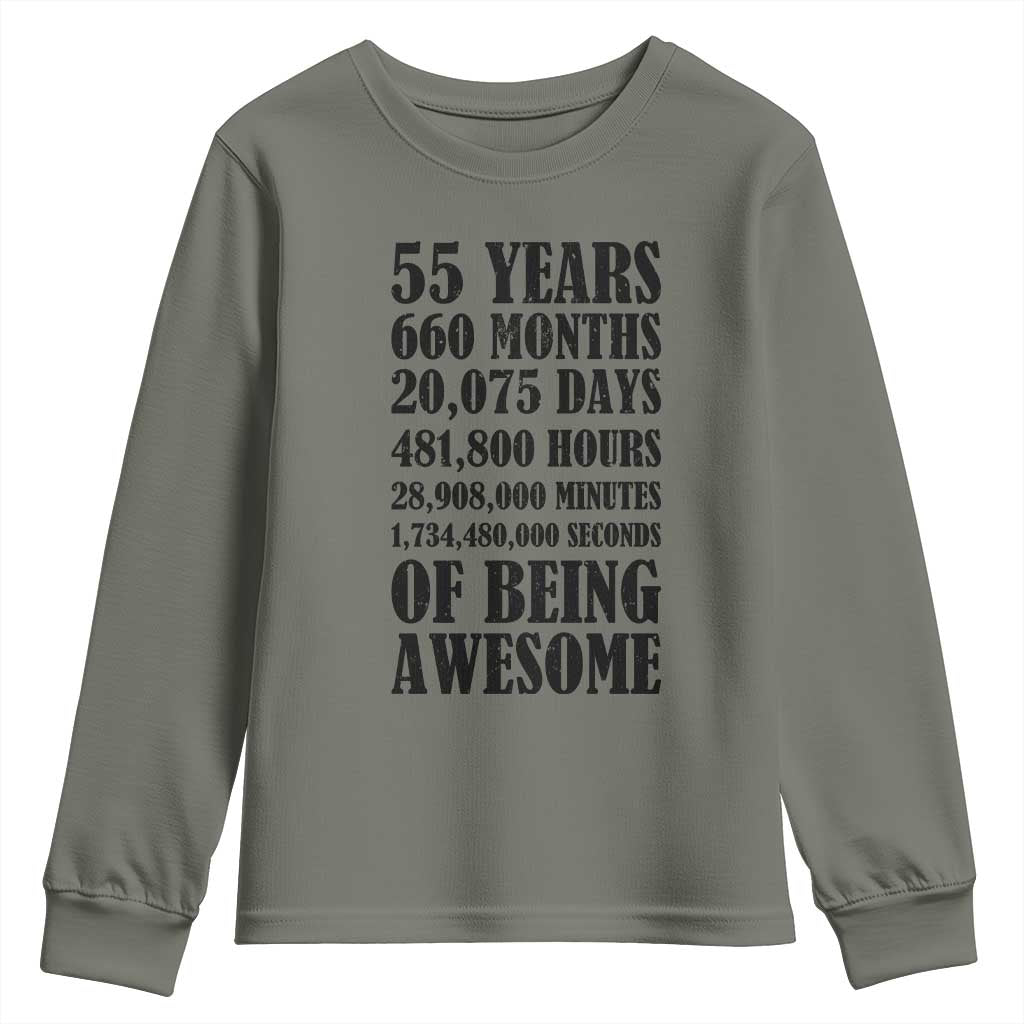 55th Milestone Birthday Youth Sweatshirt 55 Years Of Being Awesome Graphic TS12 Military Green Print Your Wear